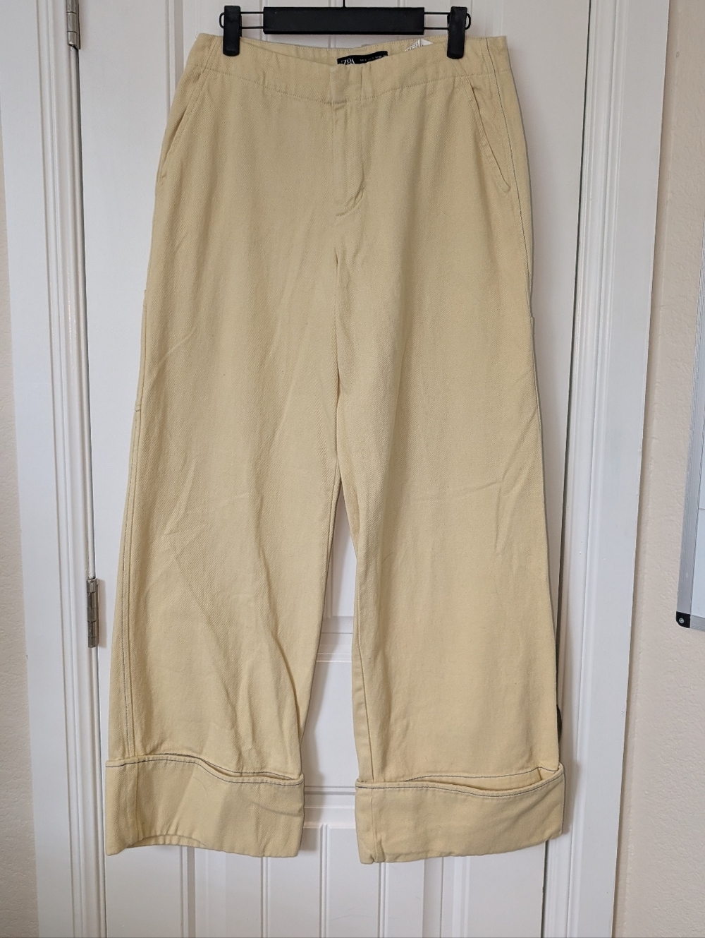 Cuffed Wide‎ Leg Butter Yellow Cotton Carpenter Pants Size S - Picture 2 of 5